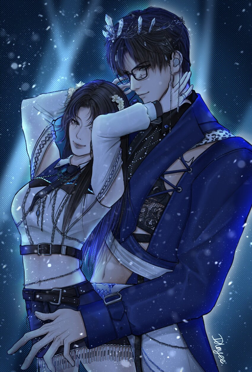 arms_up black-framed_eyewear black_hair crown dancer dancing dlloyee face_piercing glasses highres jewelry lip_piercing long_hair love_and_deepspace piercing zayne_(love_and_deepspace)