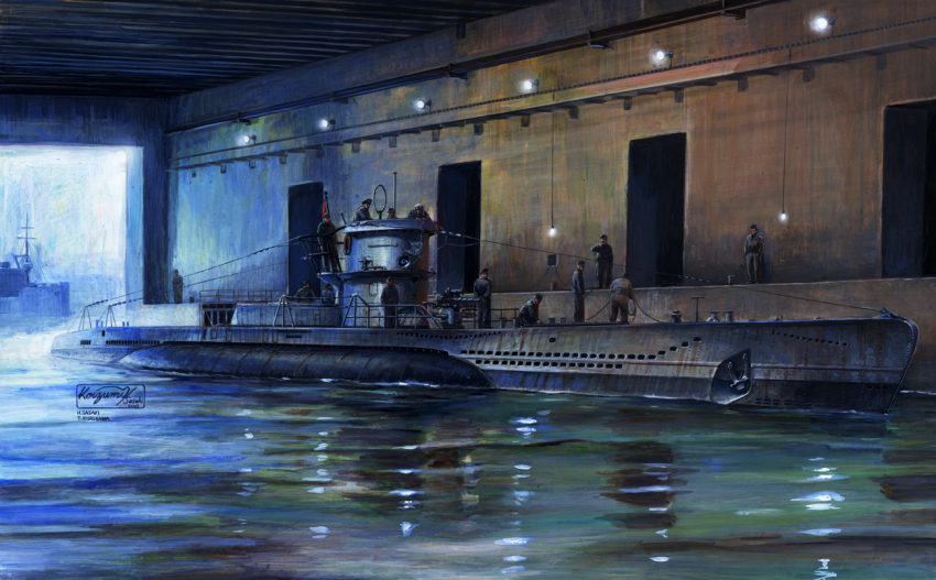6+boys box_art cargo_ship dock indoors koizumi_kazuaki_production kriegsmarine military military_vehicle multiple_boys official_art original ship submarine vehicle_focus watercraft world_war_ii