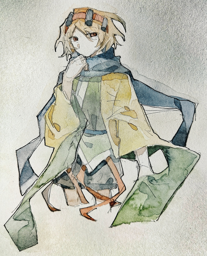 1other aaayamitsu absurdres androgynous belt black_shorts blue_belt blue_scarf chinese_commentary commentary_request cowboy_shot green_kimono hairband highres japanese_clothes kimono len&#039;en long_sleeves orange_eyes orange_hair other_focus painting_(medium) red_hairband scarf shorts simple_background solo traditional_media two-sided_sleeves watercolor_(medium) white_background wide_sleeves yellow_sleeves zuifeng_tenkai
