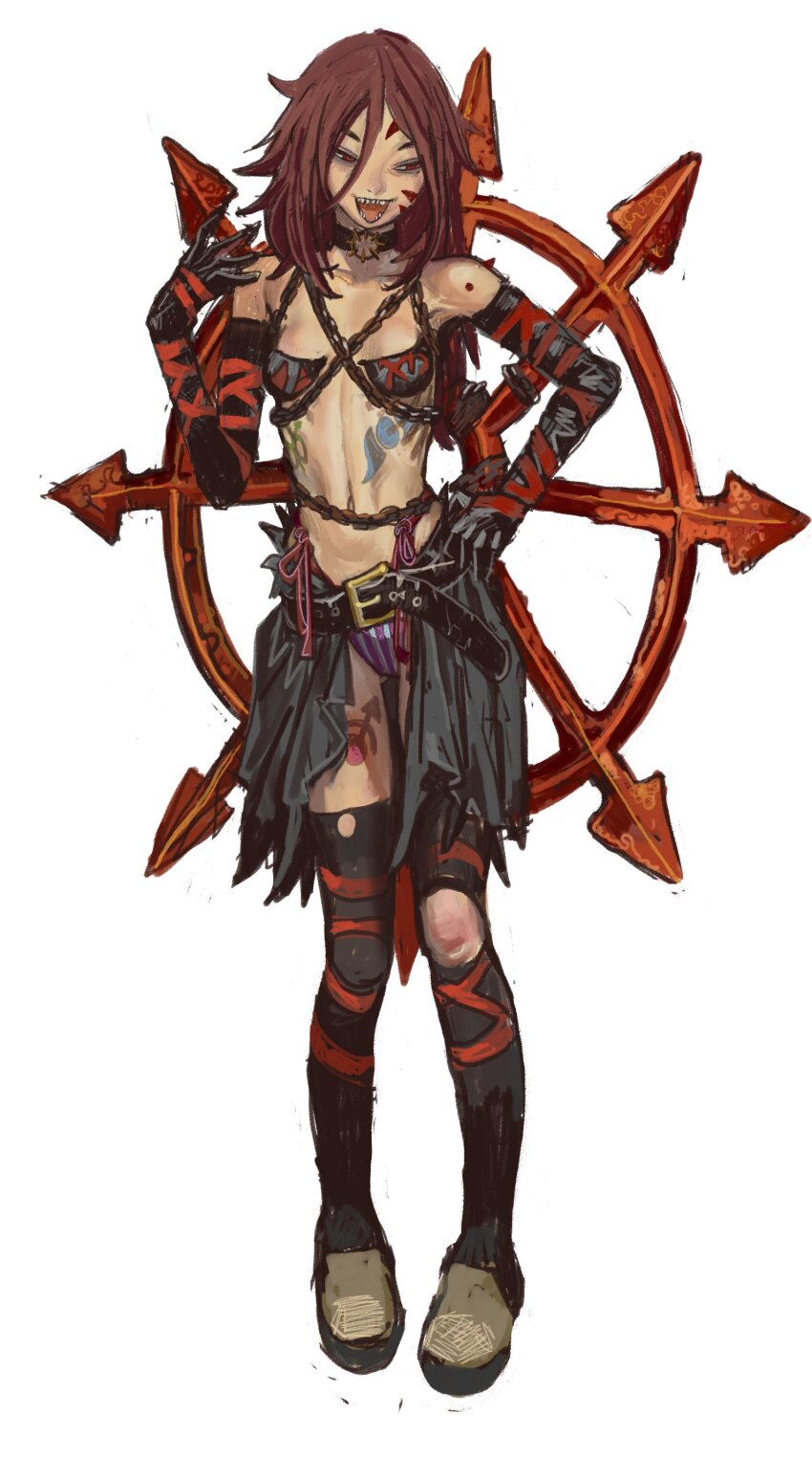 1girl absurdres bare_shoulders belt black_belt black_bra black_choker black_gloves black_skirt black_thighhighs bra breasts brown_shoes chain chain_belt chaos_(warhammer) chaos_undivided_(symbol) chest_tattoo choker cultist-chan elbow_gloves facing_viewer full_body gloves hair_between_eyes hand_on_own_hip highleg highleg_panties highres knee_cutout leg_tattoo long_hair looking_down looking_to_the_side loose_belt messy_hair mossacannibalis navel nurgle_(symbol) open_mouth panties purple_panties red_eyes red_hair revealing_clothes rust sharp_teeth shoes showgirl_skirt side-tie_panties skirt slaanesh_(symbol) small_breasts solo strapless strapless_bra striped_clothes striped_panties tattoo teeth thighhighs thighs torn_clothes tzeentch_(symbol) underwear warhammer_40k white_background white_panties