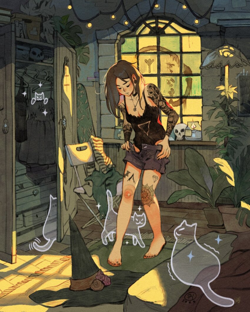 1girl amulet arm_tattoo barefoot bat_tattoo bed bedroom black_choker black_nails black_panties black_shirt breasts brown_hair candle cat chair choker cleavage closed_eyes closet clothes_hanger clothes_on_chair commentary earrings english_commentary facing_viewer feet floor_lamp flower folding_chair gem_tattoo ghost grey_shorts hat hat_flower hat_ribbon highres indoors ironing_board jewelry lamp leg_tattoo long_hair looking_down open_fly original panties plant potted_plant putting_on_legwear ribbon rug runes shirt shorts simz single_earring skull sleeveless sleeveless_shirt slice_of_life solo spaghetti_strap sparkle spider_web_tattoo stained_glass standing string_of_light_bulbs sunlight tattoo tattoo_sleeve toes underwear unworn_clothes window witch_hat wooden_floor