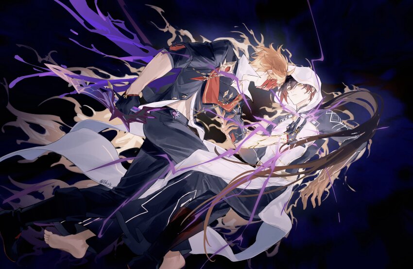 2boys absurdres ahoge artist_name barefoot black_footwear black_gloves black_jacket black_pants boots brown_eyes brown_hair cape closed_mouth coat collared_shirt commentary dagger delusion_(genshin_impact) eksi_(kriixx) electricity energy eyeliner feet floating_hair frown genshin_impact gloves gradient_hair hair_between_eyes half_gloves hand_on_another&#039;s_chest highres holding holding_another&#039;s_arm holding_dagger holding_knife holding_weapon hood hood_up hooded_coat jacket knife long_hair looking_at_another low_ponytail makeup male_focus mask multicolored_hair multiple_boys official_alternate_costume orange_hair pants ponytail popped_collar purple_cape red_cape red_eyeliner red_mask shirt short_hair three-quarter_sleeves sleeves_rolled_up symbol-only_commentary tartaglia_(delusion)_(genshin_impact) tartaglia_(genshin_impact) toes torn_cape torn_clothes very_long_hair weapon white_coat white_shirt zhongli_(archon)_(genshin_impact) zhongli_(genshin_impact)