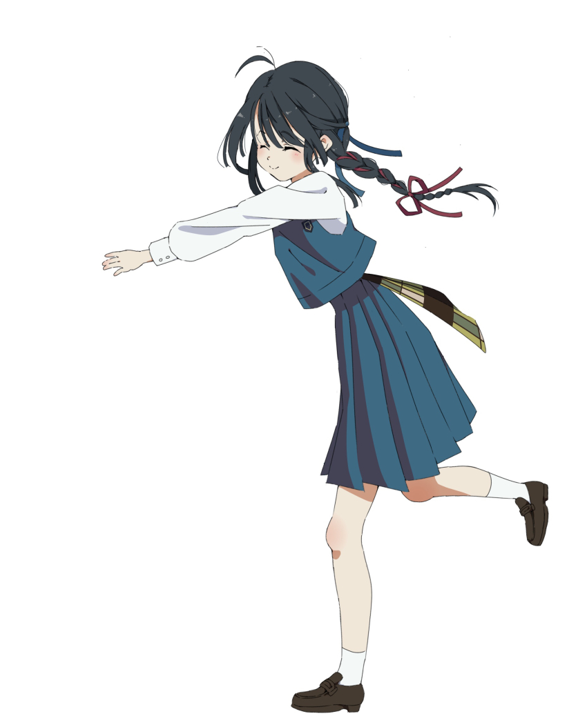 1girl 22/7 ^_^ black_hair blue_skirt braid braided_ponytail closed_eyes closed_mouth from_side full_body green_eyes green_ribbon hair_ribbon highres leg_up long_hair long_sleeves red_ribbon ribbon shirt sidelocks simple_background skirt smile solo tanpaku_(oqu_2) white_background white_shirt yagami_toa