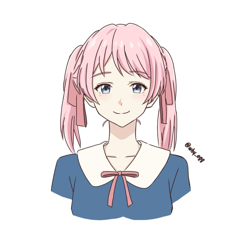 1girl a_whydc alternate_hairstyle bang_dream! bang_dream!_it&#039;s_mygo!!!!! blue_shirt blush chihaya_anon closed_mouth collarbone commentary grey_eyes highres medium_hair neck_ribbon pink_hair pink_ribbon ribbon shirt simple_background smile solo twitter_username upper_body white_background