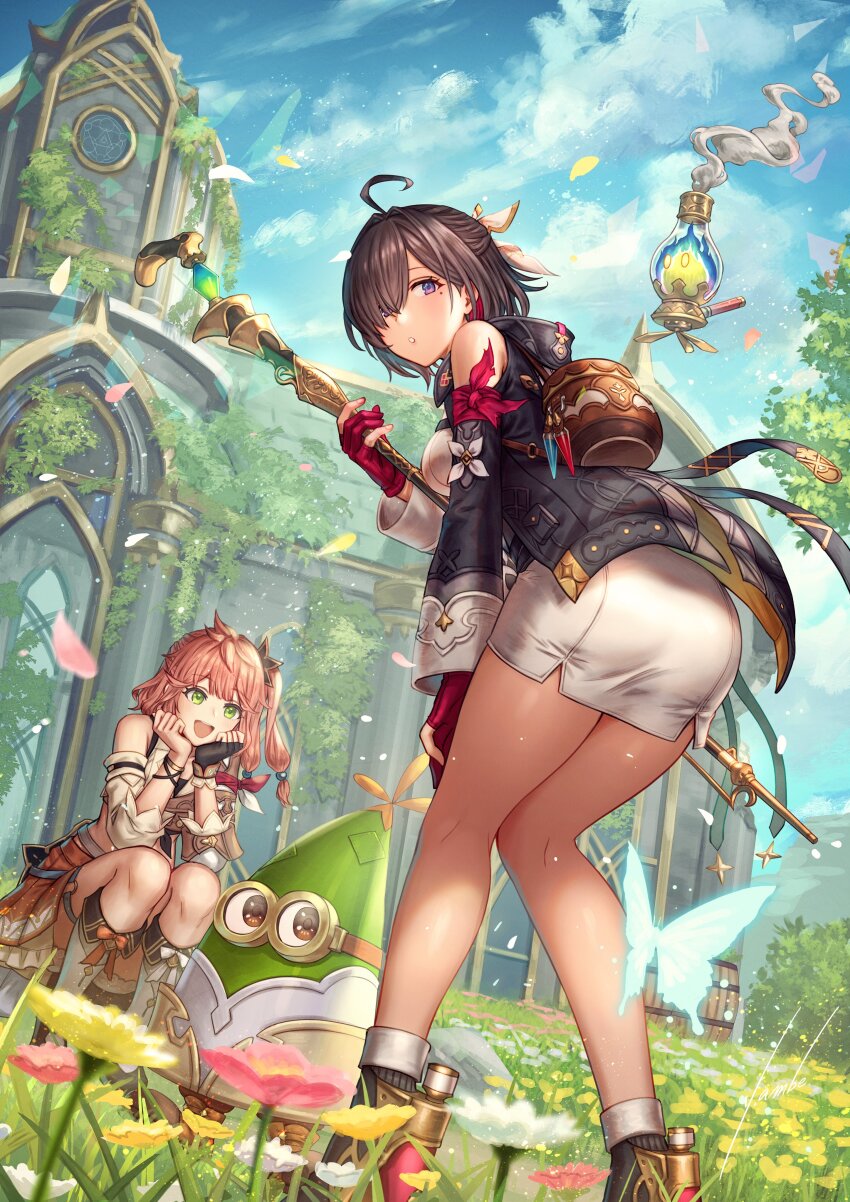 2girls absurdres ahoge anbe_yoshirou ass atelier_(series) atelier_yumia bare_legs bent_over black_hair blue_sky breasts cloud cloudy_sky day flammi_(atelier) gloves grass guest_art hair_between_eyes hair_over_one_eye hand_on_own_knee high_heels highres isla_von_duerer knees_together_feet_apart legs looking_at_viewer looking_back medium_breasts mole mole_under_eye multiple_girls official_art outdoors partially_fingerless_gloves purple_eyes red_gloves second-party_source short_hair sky squatting tree yumia_liessfeldt
