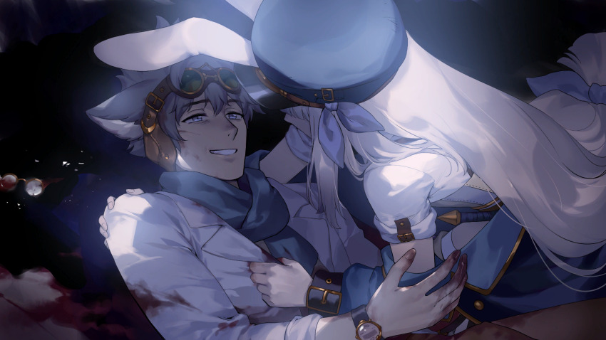 1boy 1girl animal_ears artist_request blood check_artist coat dying ein_lee father_and_daughter game_cg grey_hair highres long_hair non-web_source rabbit_ears rabbit_girl scarf short_sleeves spoilers tevi tevi_(character) white_coat white_hair wolf_boy wolf_ears zema_(tevi)