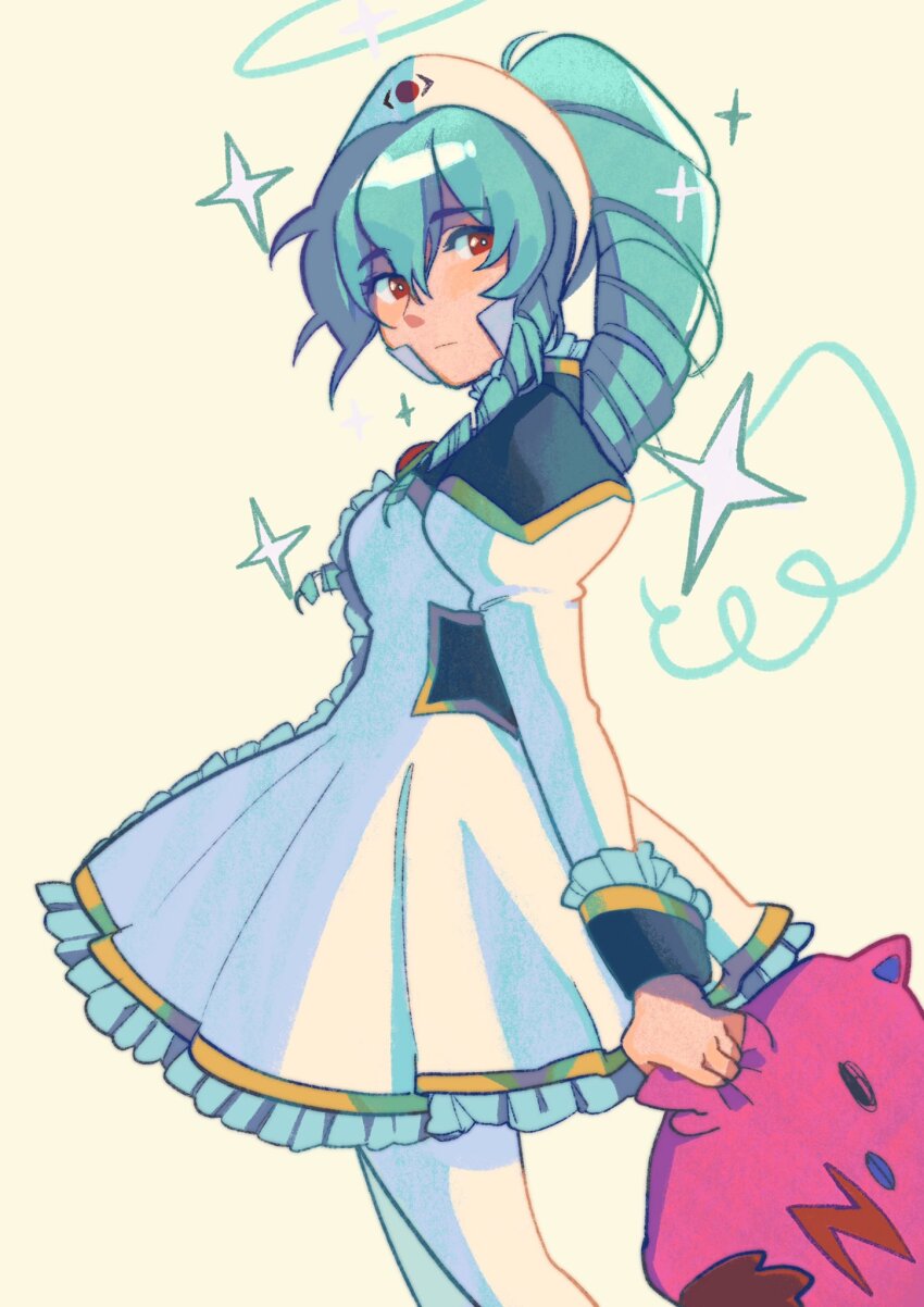 1girl ao_clover blush closed_mouth cowboy_shot dress drill_hair drill_sidelocks galaxy_angel gold_trim green_hair hair_between_eyes highres juliet_sleeves long_hair long_sleeves looking_at_viewer normad puffy_sleeves red_eyes science_fiction sidelocks simple_background solo star_(symbol) stuffed_animal stuffed_toy uniform vanilla_h white_dress