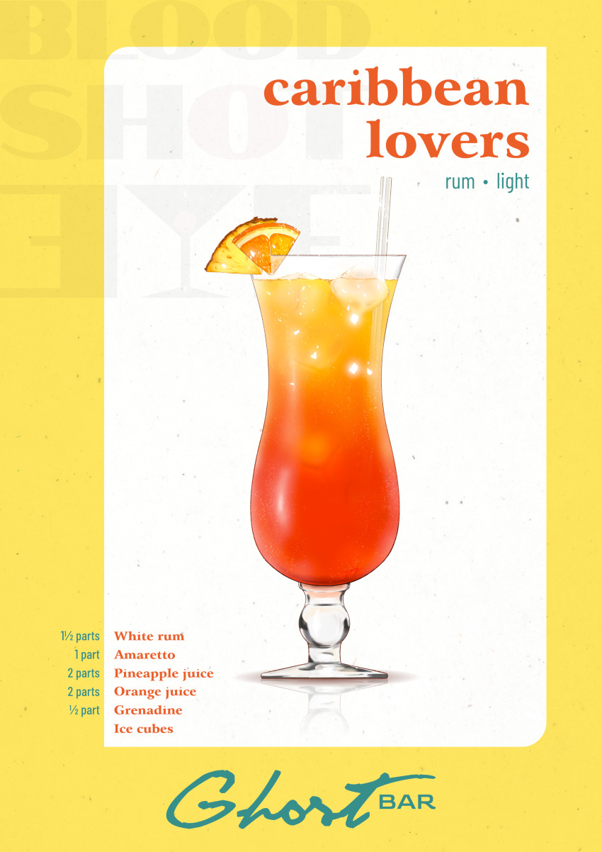 absurdres alcohol border cocktail commentary_request cup drink drinking_glass drinking_straw english_text food food_focus fruit highres hurricane_glass ice ice_cube no_humans orange_(fruit) orange_slice orange_theme original pineapple pineapple_slice recipe rum simple_background still_life text_background trangkydi white_background yellow_border