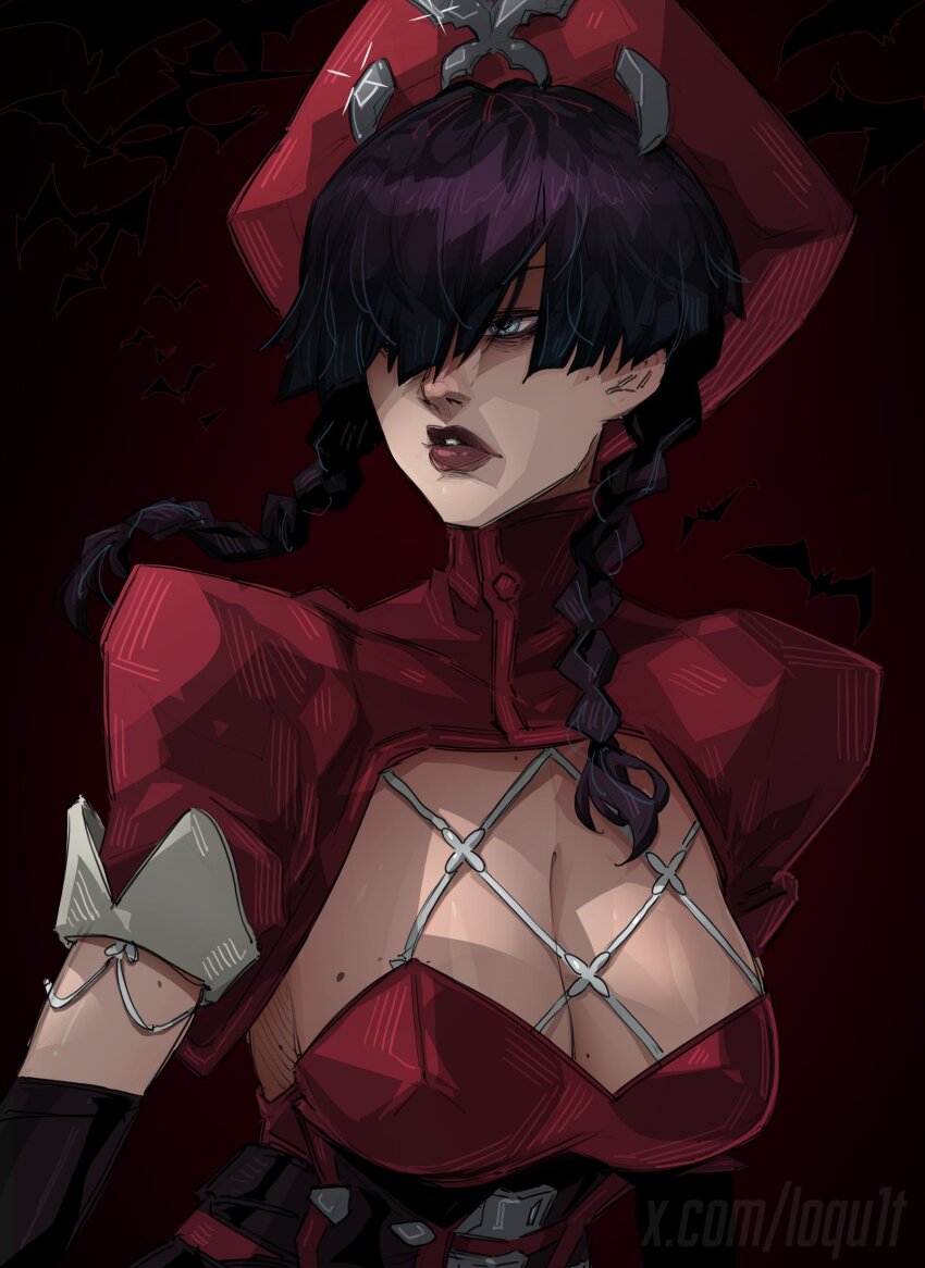 1girl black_hair blue_eyes braid breasts cleavage dress hat highres large_breasts looking_to_the_side loqu1t marvel marvel_rivals mole mole_on_breast official_alternate_costume psylocke psylocke_(blood_kariudo) red_dress red_hat red_shrug shrug_(clothing) solo strapless strapless_dress twin_braids upper_body