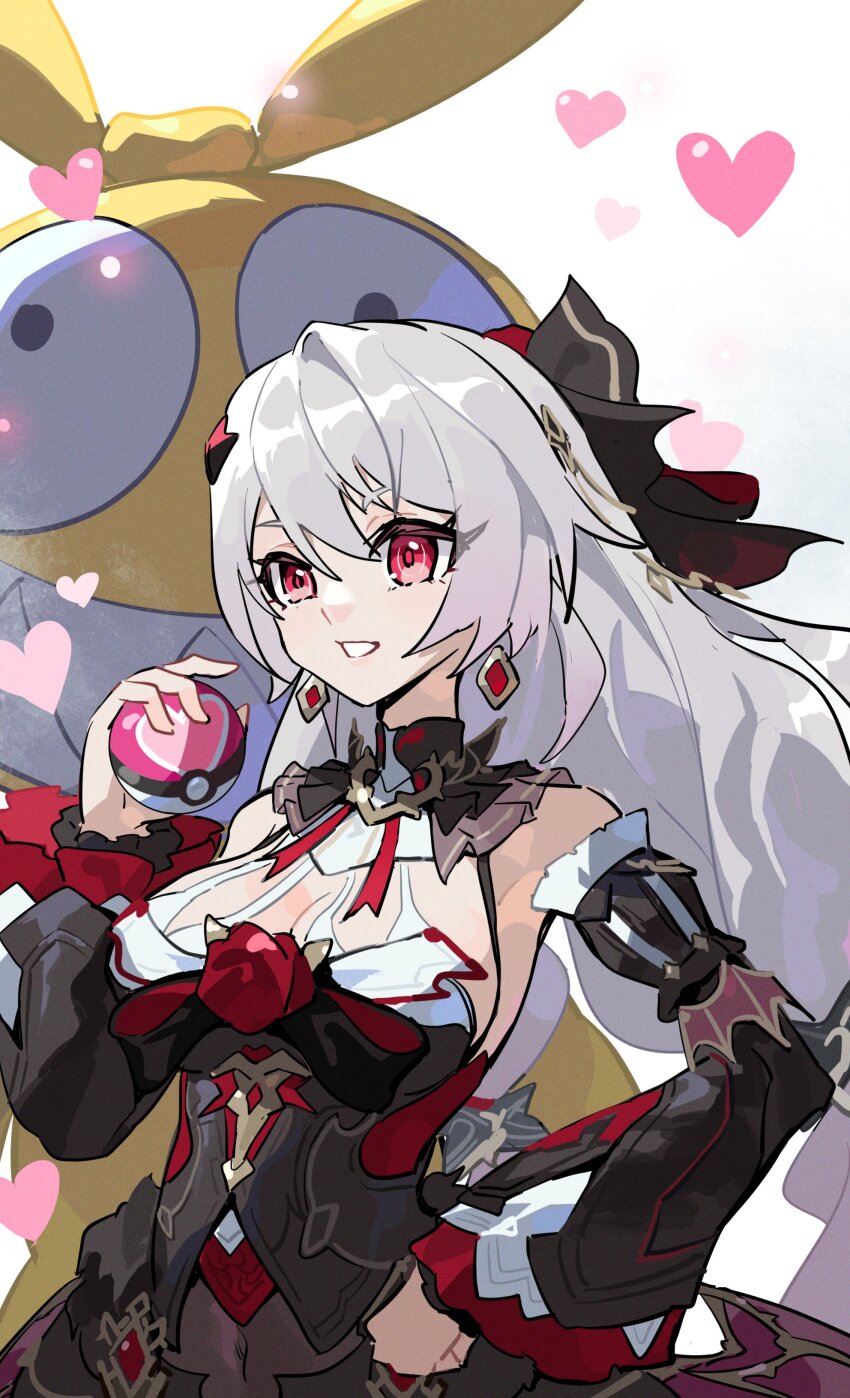 1girl absurdres black_dress breasts cleavage detached_sleeves dress earrings heart highres holding holding_poke_ball homu_(honkai_impact) honkai_(series) honkai_impact_3rd jewelry large_breasts long_hair long_sleeves nintendo poke_ball pokemon red_eyes simple_background theresa_apocalypse theresa_apocalypse_(luna_kindred) theresa_apocalypse_(lunar_vow:_crimson_love) upper_body white_background white_hair xinliu_asato