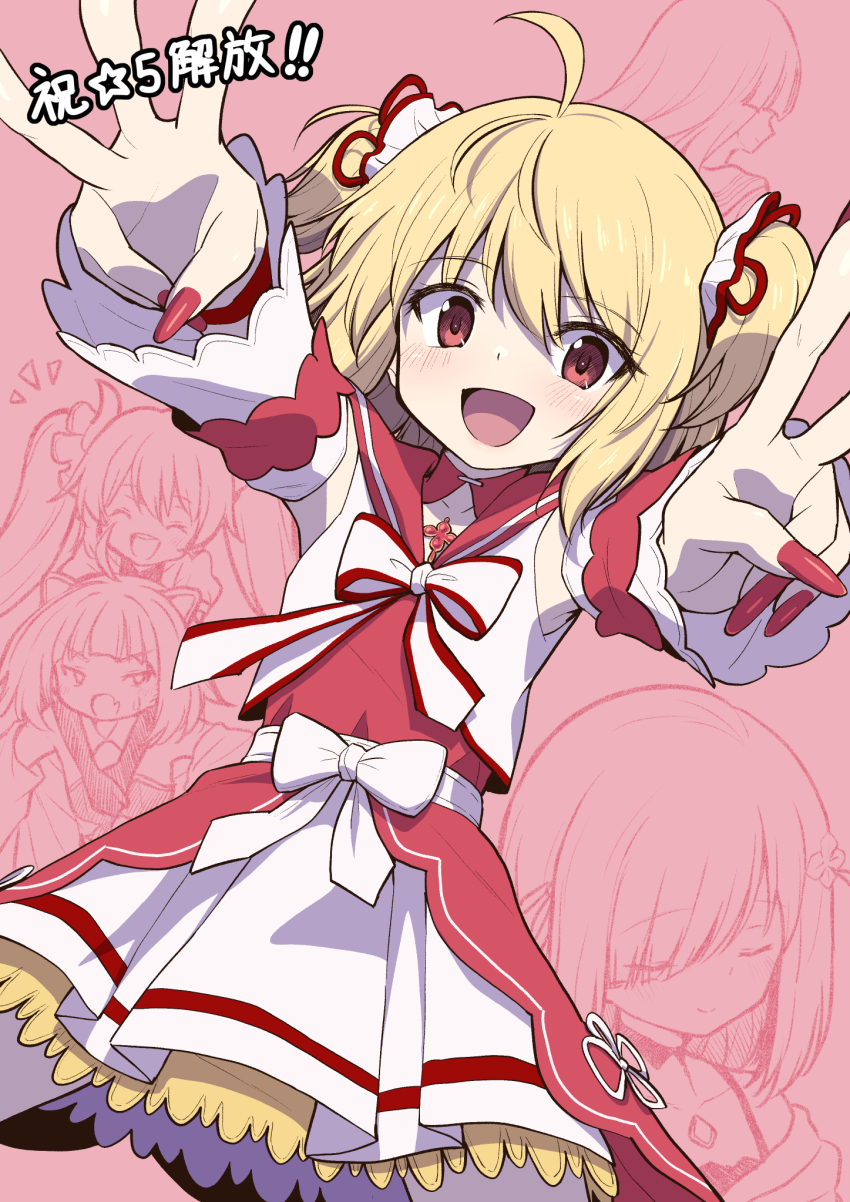 5girls :d ahoge ayano_rika konoka_(madoka_magica) blonde_hair commentary_request cowboy_shot dress finger_counting frilled_dress frills highres isuzu_ren kisaki_emiri long_sleeves looking_at_viewer magia_record:_mahou_shoujo_madoka_magica_gaiden magical_girl mahou_shoujo_madoka_magica middle_w miyako_hinano multiple_girls nail_polish open_mouth outstretched_arms red_dress red_eyes red_nails ribbon short_hair smile solo_focus standing touyu_(yuruyuruto) translation_request two_side_up v w white_ribbon