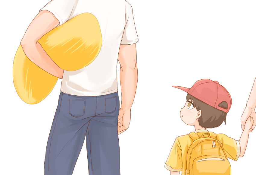 backpack bag baseball_cap brown_eyes brown_hair carrying carrying_under_arm closed_eyes creature denim from_behind happy hat highres hikyou_takarasou holding holding_hands jeans monster open_mouth original pants red_hat simple_background slime_(creature) slime_(substance) white_background
