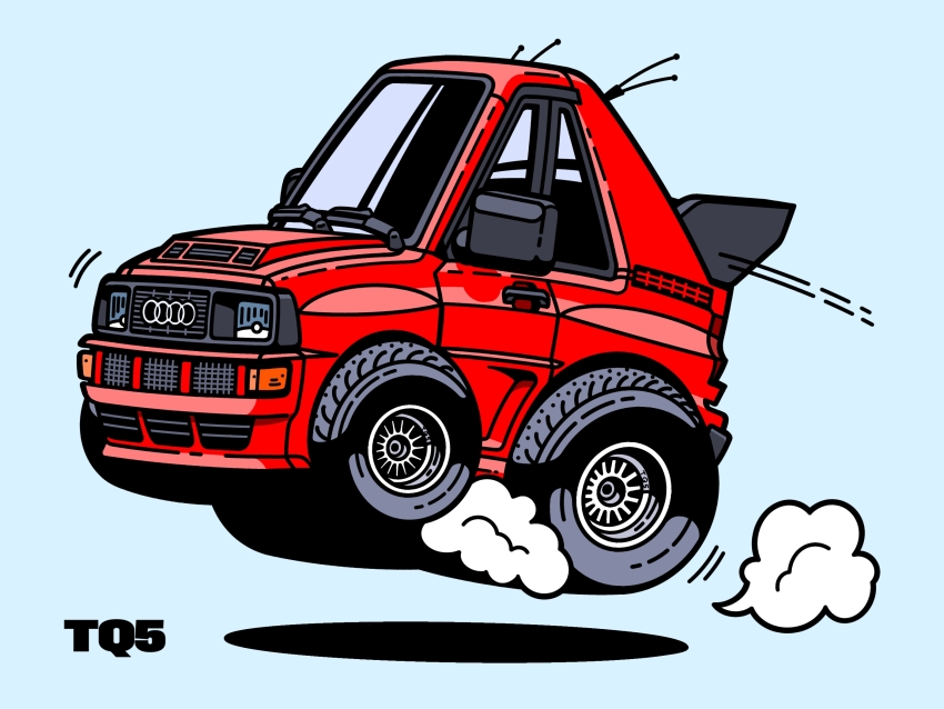 artist_name audi audi_quattro blue_background car choro-q from_side highres motor_vehicle radio_antenna red_car shadow simple_background spoiler_(automobile) tq5 vehicle_focus
