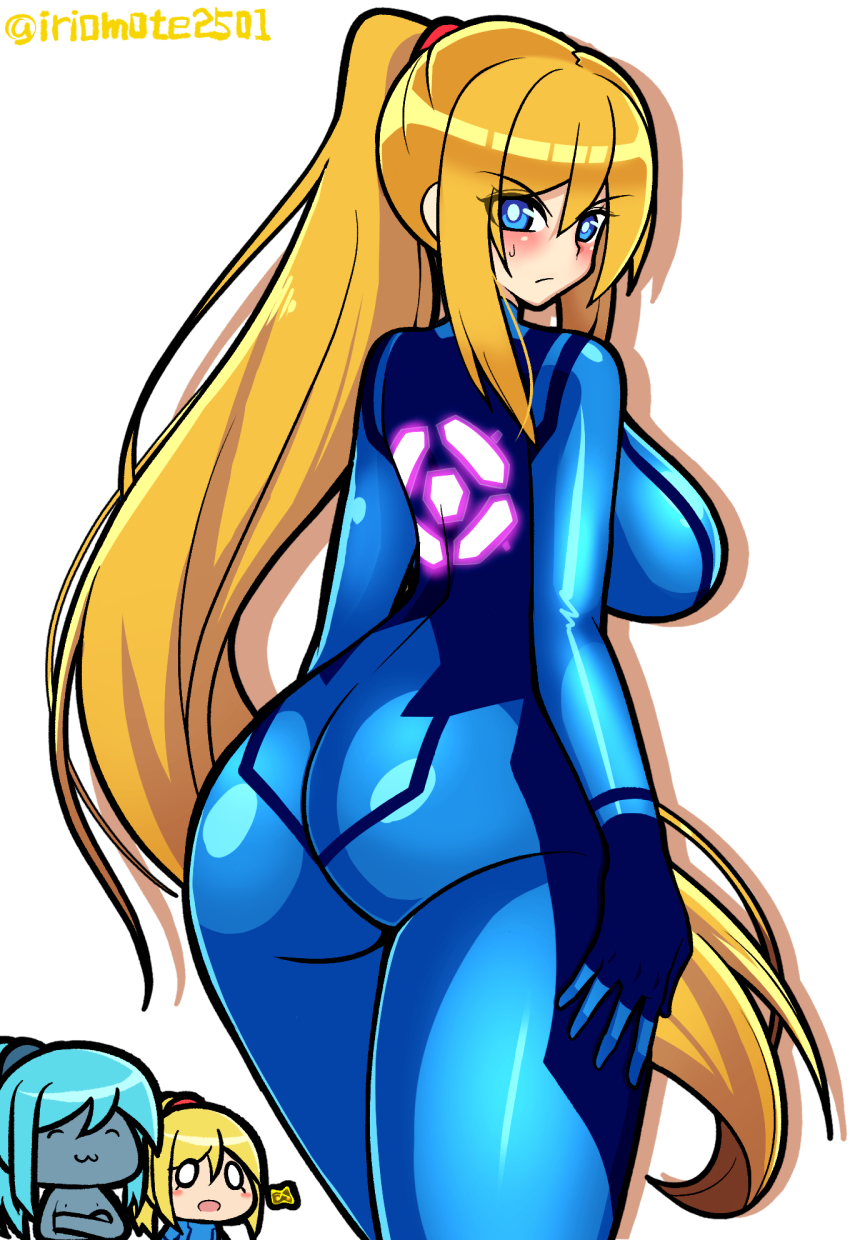 ass black_eyes blonde_hair blue_eyes blue_hair blush breasts chibi clone closed_eyes dark_samus hand_on_own_knee highres iriomote_umineko large_breasts looking_at_viewer looking_back metroid nintendo nude ponytail sa-x samus_aran shadow skin_tight symbol twitter_username white_background wow x_parasite zero_suit