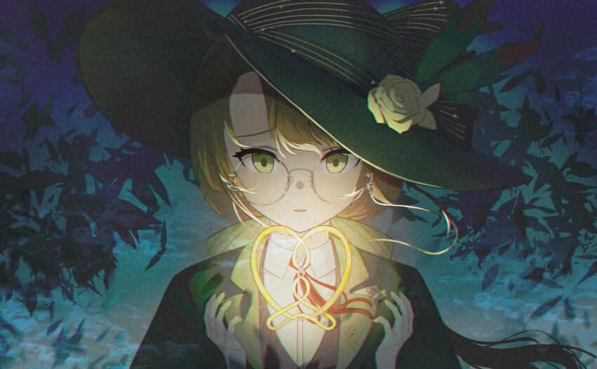 1girl absurdres blue_background collared_shirt enkei_(enekei16) facing_viewer feathers flower furrowed_brow glasses gloves glowing gradient_background green_eyes green_feathers green_hat green_jacket hands_up hat hat_feather hat_flower highres hofmann_knot jacket kakania_(reverse:1999) looking_at_object neck_ribbon picture_hat red_ribbon reverse:1999 ribbon round_eyewear shards shirt solo upper_body white_gloves white_shirt yellow_flower