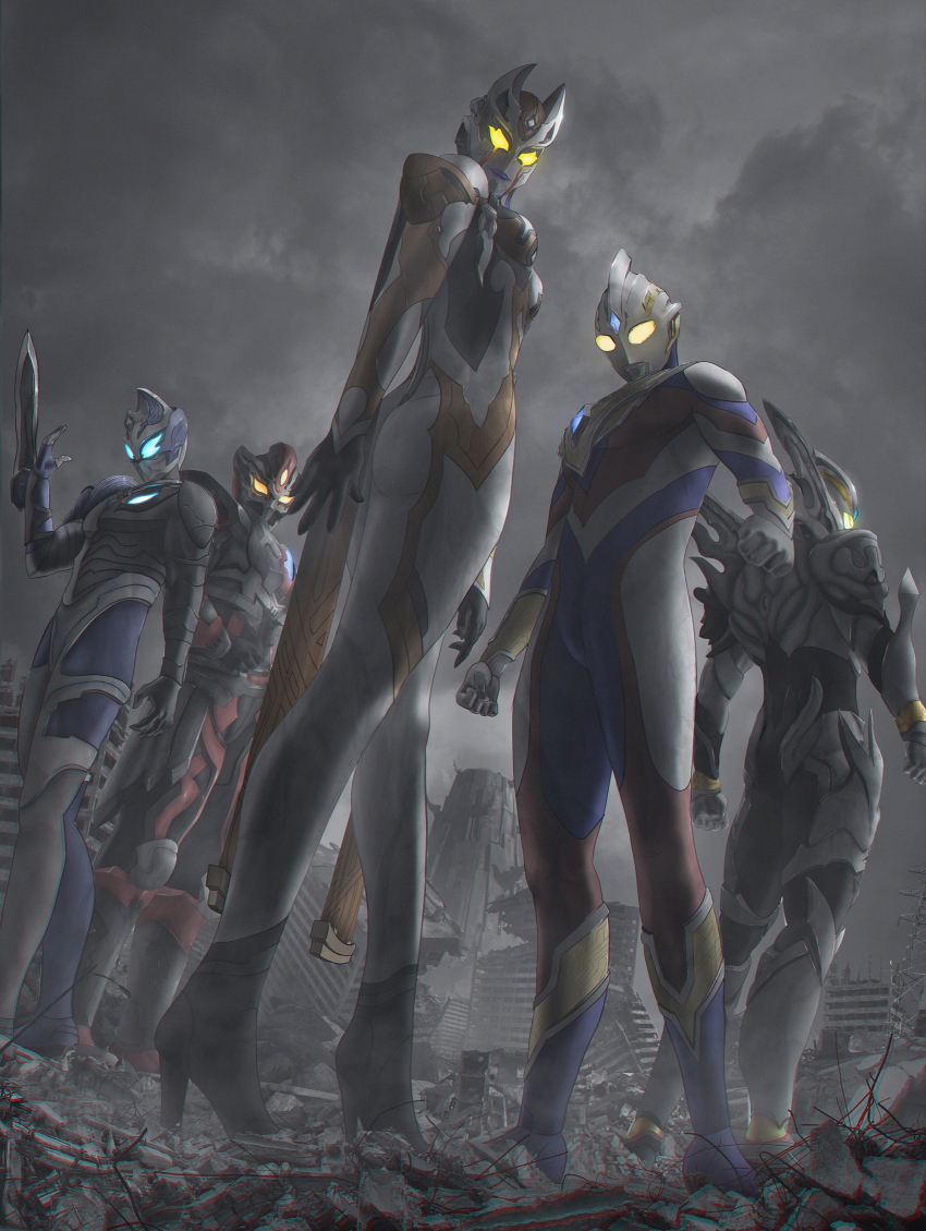 1girl 4boys absurdres alien arm_blade blue_eyes boshi_(atuki_mk2) carmeara clenched_hands darrgon from_below giant glowing glowing_eyes highres hudram looking_at_viewer multiple_boys no_humans open_hands orange_eyes standing tokusatsu trigger_dark ultra_series ultraman_trigger ultraman_trigger_(series) weapon yellow_eyes