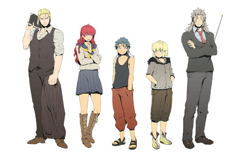 1girl 4boys alternate_costume androgynous annotated blonde_hair blue_hair braid casual contemporary crossdressing closed_eyes gesuidou_(hephaestus1214) green_eyes hokuto_no_ken juda lineup male_focus multiple_boys necktie red_hair rei_(hokuto_no_ken) scar school_uniform serafuku shin_(hokuto_no_ken) shita_no_naka shu_(hokuto_no_ken) souther trap yuda_(hokuto_no_ken)