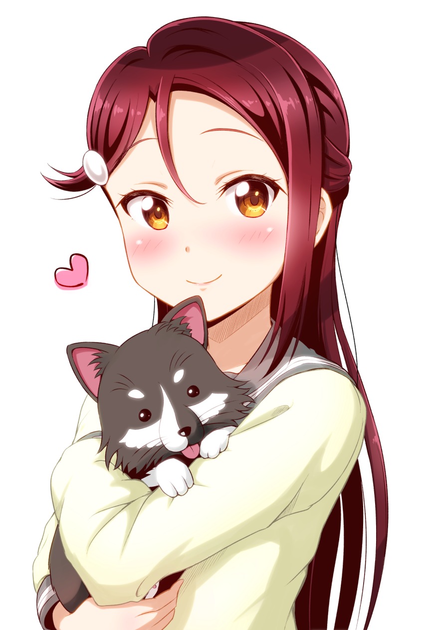 1girl animal anko_(love_live!) blush ckst dog female_focus hair_ornament hairclip half_updo heart highres holding holding_animal long_hair long_sleeves love_live! love_live!_sunshine!! red_hair revision sakurauchi_riko school_uniform serafuku simple_background smile solo upper_body white_background yellow_eyes