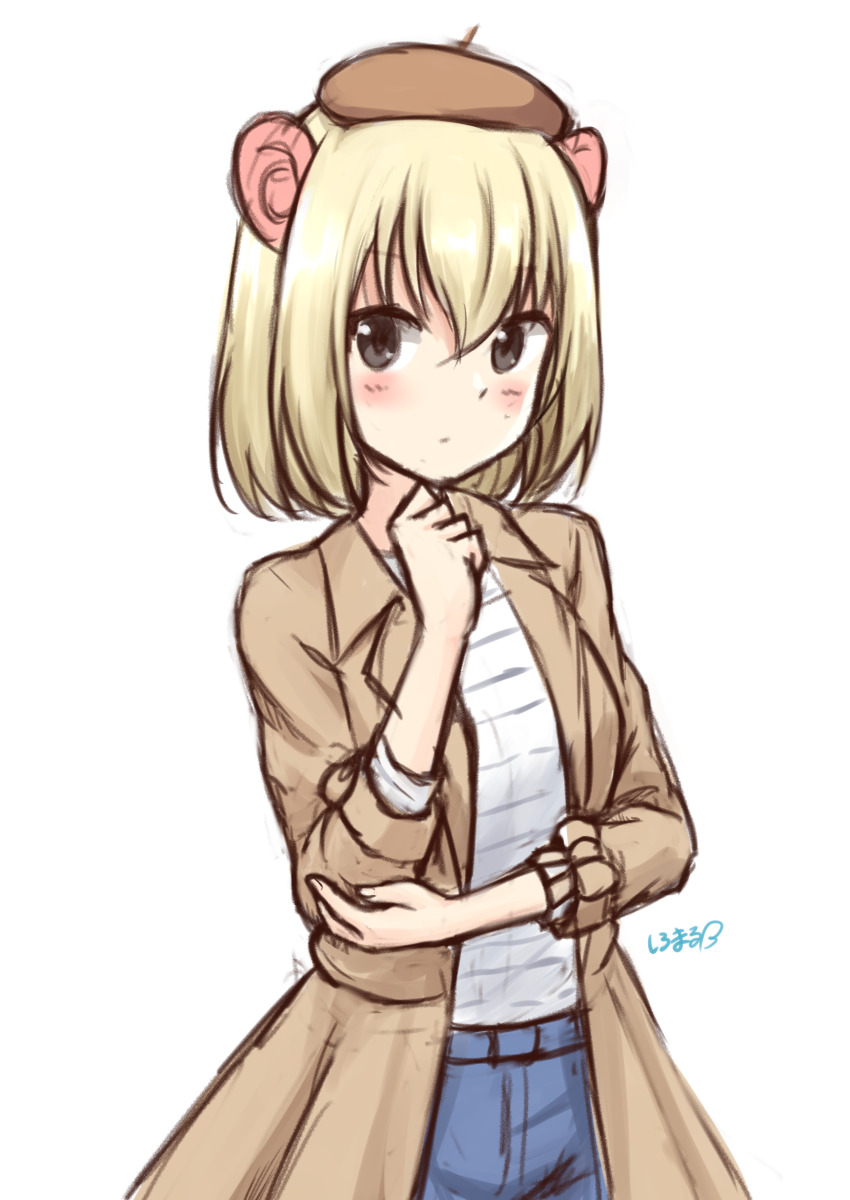 1girl absurdres beige_coat beret black_eyes blonde_hair blue_pants blush brown_hat casual coat cowboy_shot giant_pangolin_(kemono_friends) hair_between_eyes hand_up hat highres kemono_friends long_sleeves looking_at_viewer pangolin_ears pants shiraha_maru shirt short_hair signature simple_background sketch solo white_background white_shirt