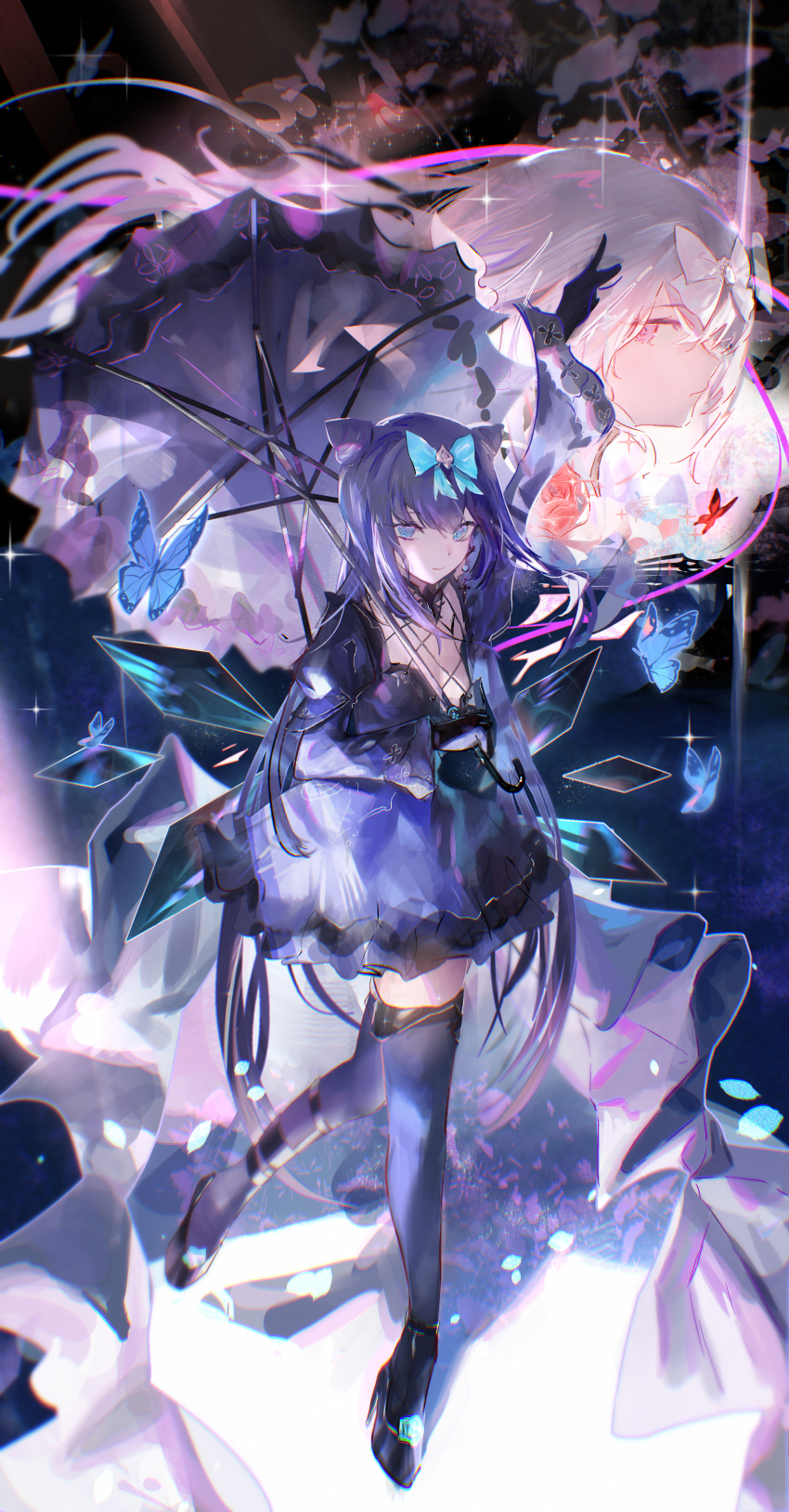 2girls absurdres arcaea bare_shoulders black_dress black_gloves black_hair black_umbrella blue_eyes blunt_bangs bow breasts butterfly_hair_ornament cleavage collarbone crystal_wings dress earrings garter_straps gloves hair_bow hair_ornament highres hikari_(arcaea) hikari_(fatalis)_(arcaea) jewelry large_breasts long_hair long_sleeves milbi multiple_girls pink_eyes tairitsu_(arcaea) tairitsu_(tempest)_(arcaea) thighhighs thighs tiptoes umbrella white_hair