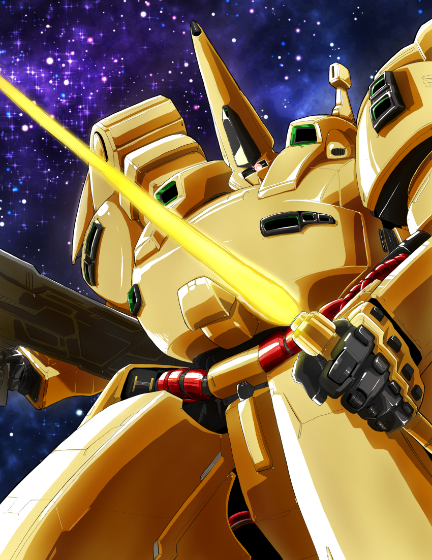 absurdres beam_rifle energy_sword commentary_request energy_gun glowing gundam highres looking_at_viewer machinery mecha mobile_suit nebula no_humans robot science_fiction space star_(sky) star_(symbol) starry_sky_background the_o_(mobile_suit) titans_(gundam) tomohawe1250 upper_body weapon zeta_gundam