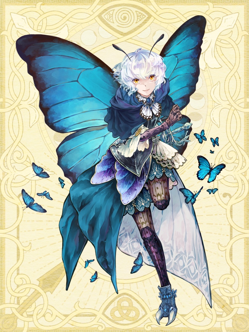 1boy alfredo_titley angora_hamasaki animal_print antennae armor arthropod_boy arthropod_limbs black_vest blue_butterfly blue_capelet blue_gemstone blue_shoes blue_shorts blue_wings bug butterfly butterfly_boy butterfly_brooch butterfly_print butterfly_wings capelet chain_paradox collar_chain_(jewelry) collared_shirt fairy faulds full_body gem hand_up highres hood hood_down hooded_capelet insect insect_wings leaning_forward long_sleeves looking_at_viewer male_focus pantyhose parted_lips see-through_clothes see-through_legwear sheath sheathed shirt shoes short_hair shorts solo standing standing_on_one_leg sword three-quarter_sleeves vest waist_cape wavy_hair weapon white_hair white_shirt wings yellow_background yellow_eyes