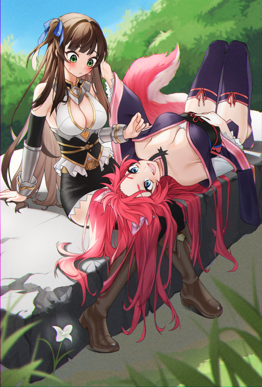2girls absurdres animal_ears blue_eyes boots bow ceri_(sakura_dungeon) commission commissioner_upload flower fox_ears fox_tail gauntlets green_eyes hair_bow hand_in_another&#039;s_hair highres japanese_clothes kimono lap_pillow lily_(flower) looking_down looking_up lying miniskirt multiple_girls munzi_pangpang non-web_source pink_hair sakura_dungeon sitting skirt tail thighhighs yomi_(sakura_dungeon) yuri