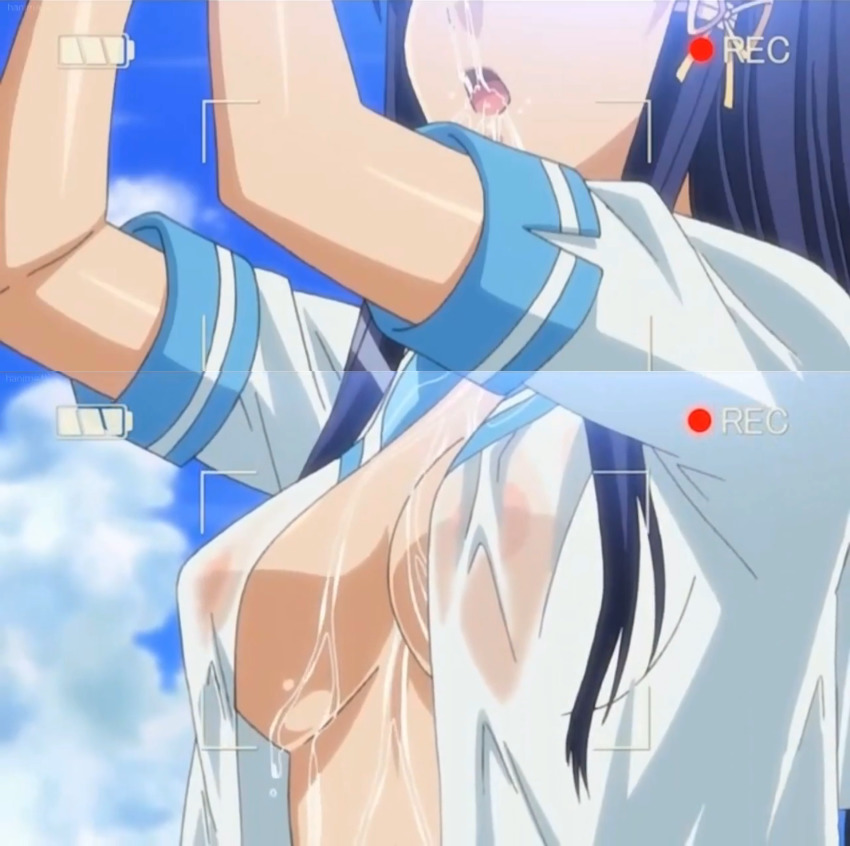 15_bishoujo_hyouryuuki 1girl anime_screenshot arms_up blue_hair blue_sky breasts close-up drinking female_focus highres long_hair medium_breasts nipples no_bra one_eye_closed open_clothes open_mouth purple_eyes recording school_uniform see-through_clothes sky solo stitched third-party_edit upper_body water wet wet_clothes wink yotsuya_kotoko