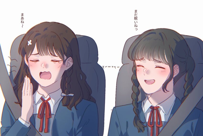 2girls artist_name black_hair blazer blue_jacket blunt_bangs blush braid brown_hair closed_eyes collared_shirt commentary_request dress emori_aya facing_another furrowed_brow grey_dress hand_up jacket long_sleeves love_live! love_live!_superstar!! multiple_girls neck_ribbon open_mouth real_life red_ribbon ribbon sakakura_sakura school_uniform seatbelt shirt simple_background smile translation_request twin_braids upper_body voice_actor wavy_mouth white_background white_shirt winter_uniform yuigaoka_school_uniform yumayu