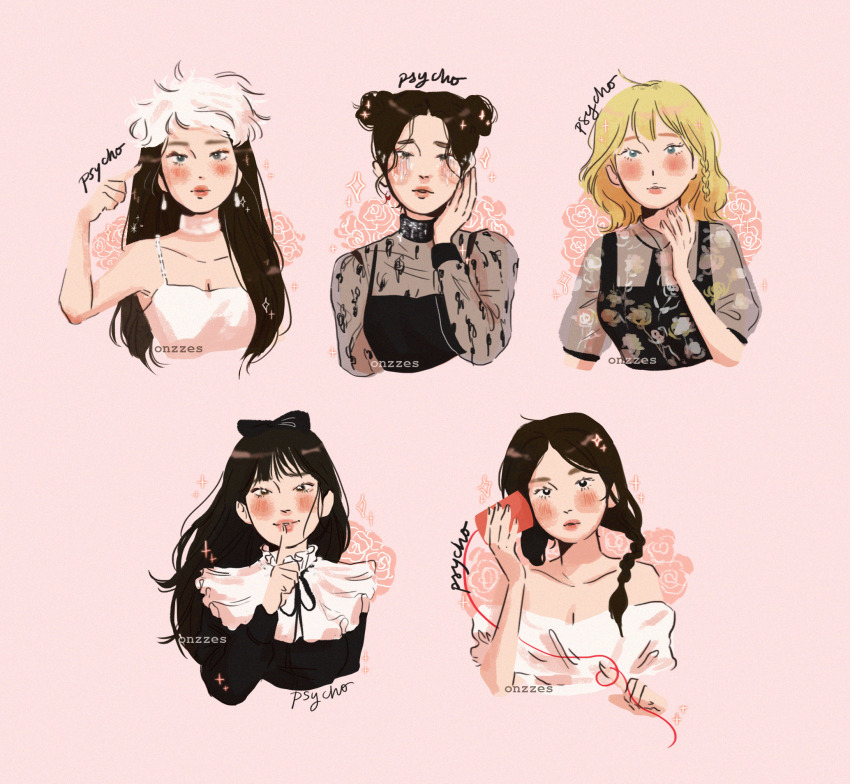 5girls artist_name blonde_hair blush braided_twintails brown_hair commentary double_bun flower hair_bun highres irene_(red_velvet) joy_(red_velvet) k-pop long_hair long_sleeves looking_at_viewer multiple_girls onzze pink_hair real_life red_velvet_(group) see-through_clothes see-through_sleeves seulgi_(red_velvet) short_hair smile song_name wendy_(red_velvet) yeri_(red_velvet)