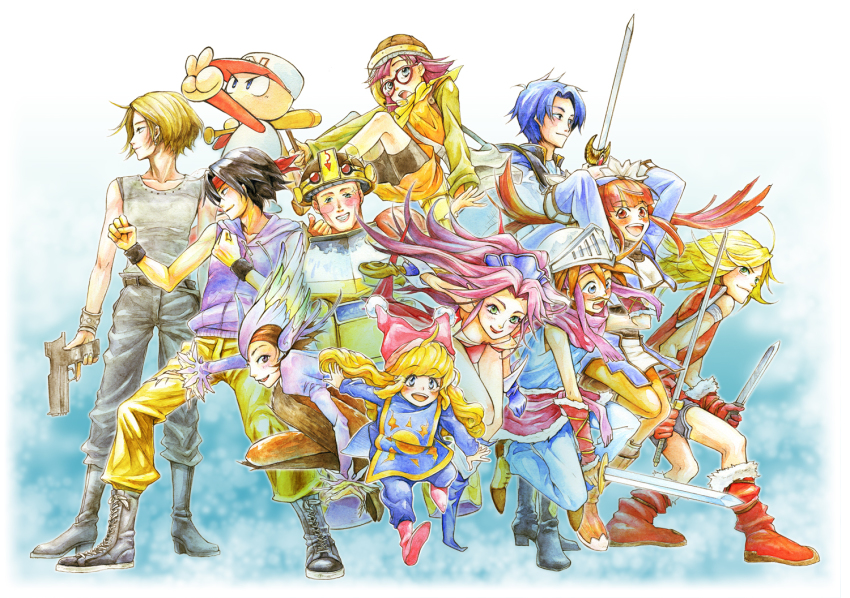 ana_(anarock) blush breasts chrono_trigger cleavage commentary_request copyright_request crossover dewprism dress fire_emblem gloves graphite_(medium) long_hair lucca_ashtear marth_(fire_emblem) mint_(dewprism) multiple_boys multiple_girls nintendo painting_(medium) riki_(saga) saga saga_frontier short_hair traditional_media watercolor_(medium)