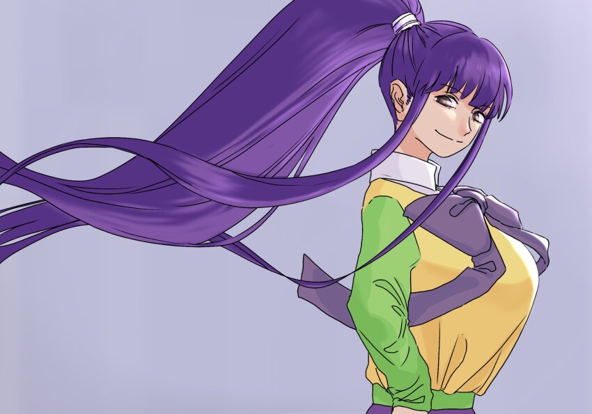 1girl bow breasts eiken green_shirt hair_tie highres huge_bow huge_breasts long_hair looking_at_viewer misono_kirika odaibako ponytail purple_bow purple_eyes purple_hair school_uniform shirt sidelocks smile sweater_vest ttt_mokub very_long_hair yellow_sweater_vest zashono_academy_school_uniform