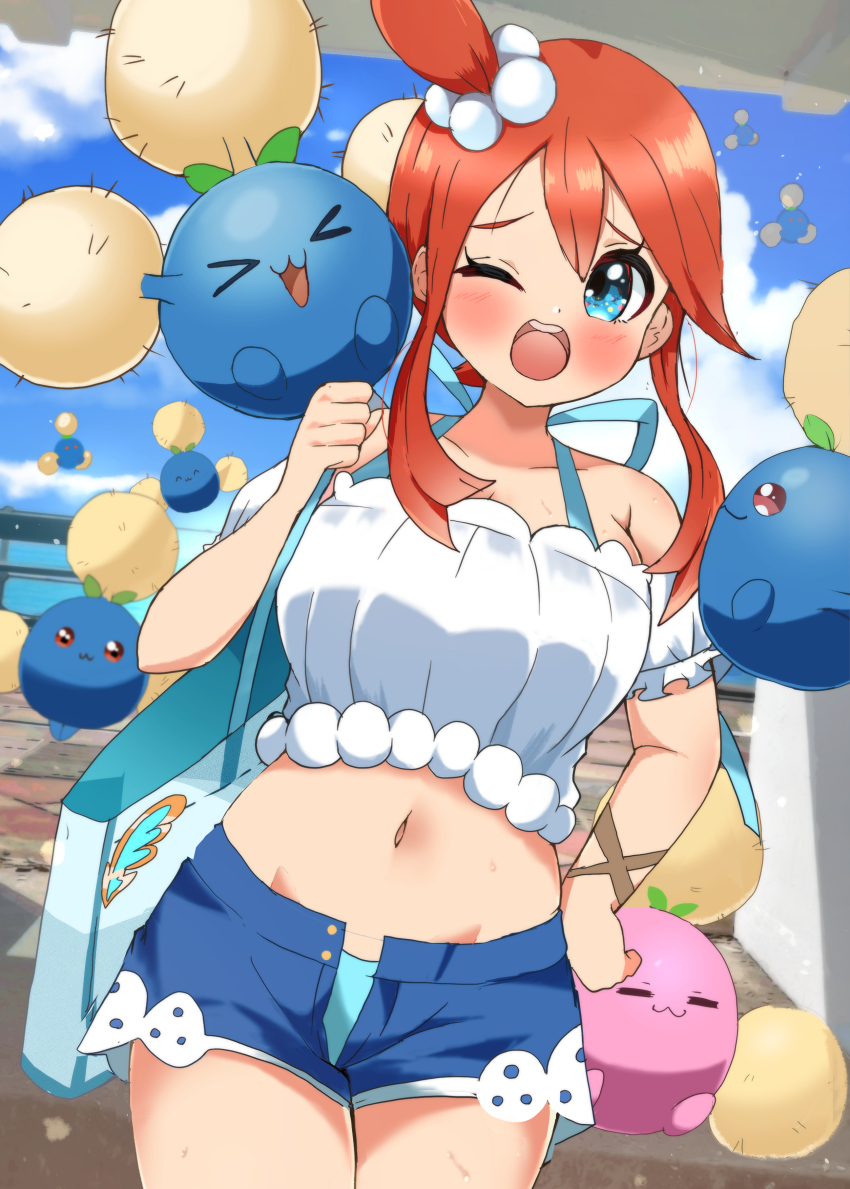 absurdres alternate_color breasts carrot_summer gen_2_pokemon highres jumpluff large_breasts official_alternate_costume pokemon pokemon_masters_ex shiny_pokemon skyla_(pokemon) skyla_(summer_2025)_(pokemon)