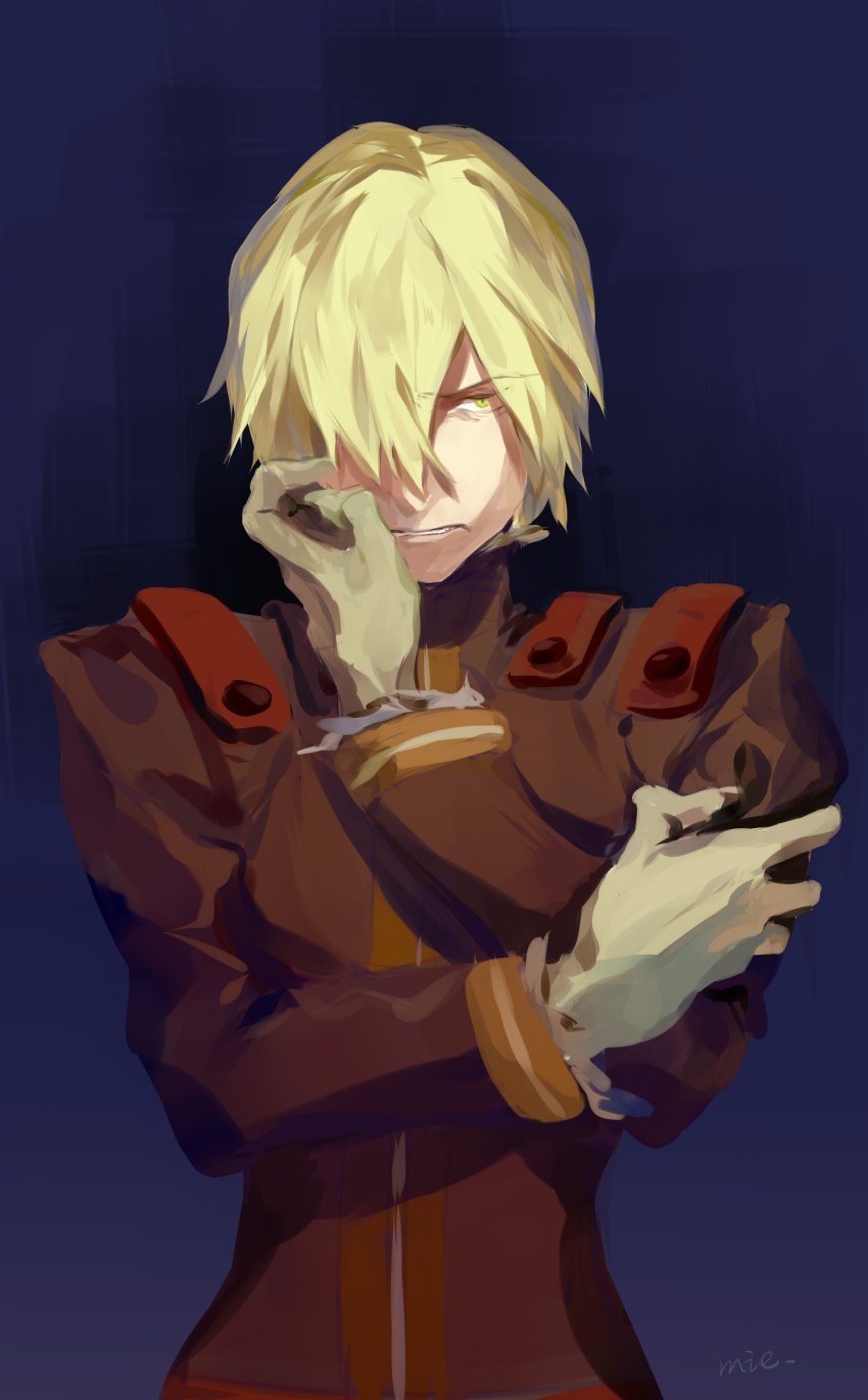 1boy absurdres blonde_hair claws fur-trimmed_sleeves fur_trim hair_over_one_eye hand_on_own_face highres male_focus solo tengen_toppa_gurren_lagann upper_body viral_(ttgl) white2013 yellow_eyes