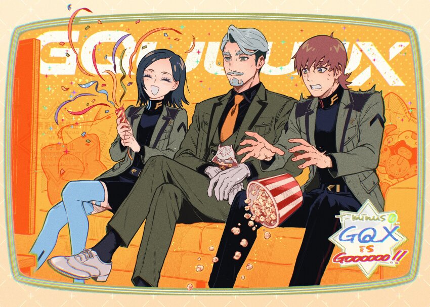 1girl 2boys beard black_hair border brown_hair challia_bull char_aznable character_doll collared_shirt comoli_harcourt copyright_name couch crossed_legs english_text facial_hair feet_out_of_frame food gloves green_eyes grey_eyes grey_hair gundam gundam_gquuuuuux highres holding holding_party_popper jacket long_sleeves military_uniform mole mole_under_eye mole_under_mouth momochi_(bmbmomomo) multiple_boys mustache necktie on_couch open_mouth pants party_popper popcorn shirt shoes short_hair sitting skirt smile spilling sweatdrop thick_eyebrows thighhighs turtleneck xavier_olivette