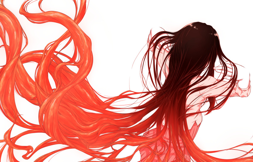 1girl absurdly_long_hair adjusting_hair black_hair commentary_request dress_shirt female_focus foreshortening from_above from_behind gradient_hair hair_flip hands_in_own_hair hands_up highres long_hair long_skirt madotukitoponiko messy_hair multicolored_hair red_hair red_skirt shirt simple_background skirt solo tohno_akiha toono_akiha tsukihime untucked_shirt vermillion_akiha very_long_hair white_background white_shirt