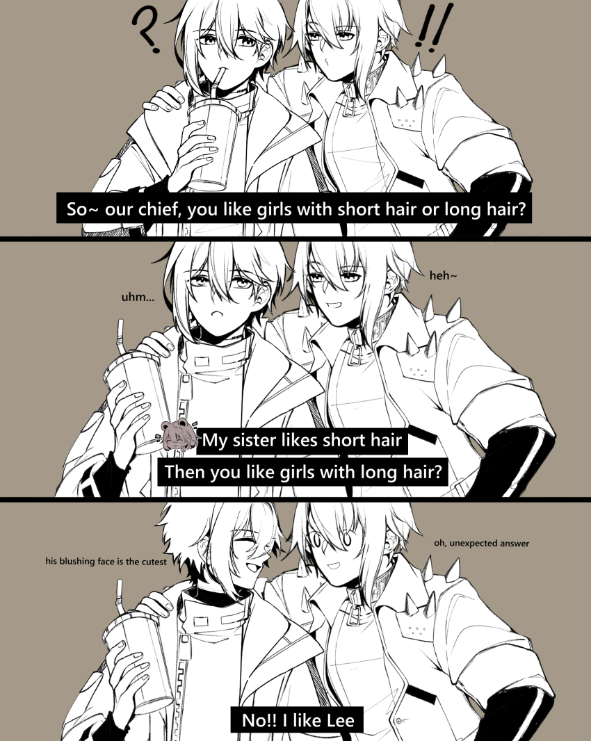 1boy 1girl commandant_(pgr) dochikun english_text greyscale harley_jo_(punishing:_gray_raven) highres image_sample monochrome pixiv_sample punishing:_gray_raven
