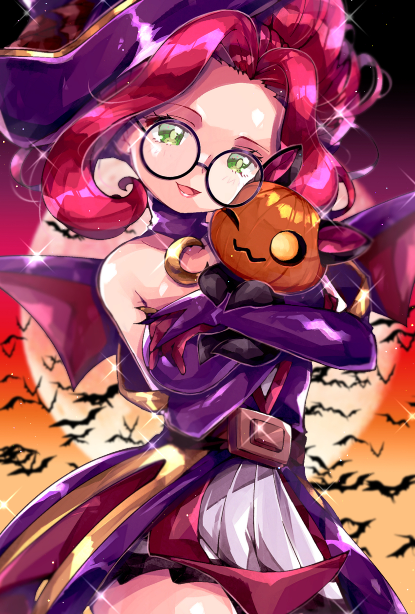 alternate_costume alternate_hair_color bare_shoulders bats belt bewitching_janna breasts cat elbow_gloves elf glasses gloves green_eyes halloween highres janna_(league_of_legends) lantern large_breasts league_of_legends long_hair moon night night_sky pointy_ears pumpkin sky