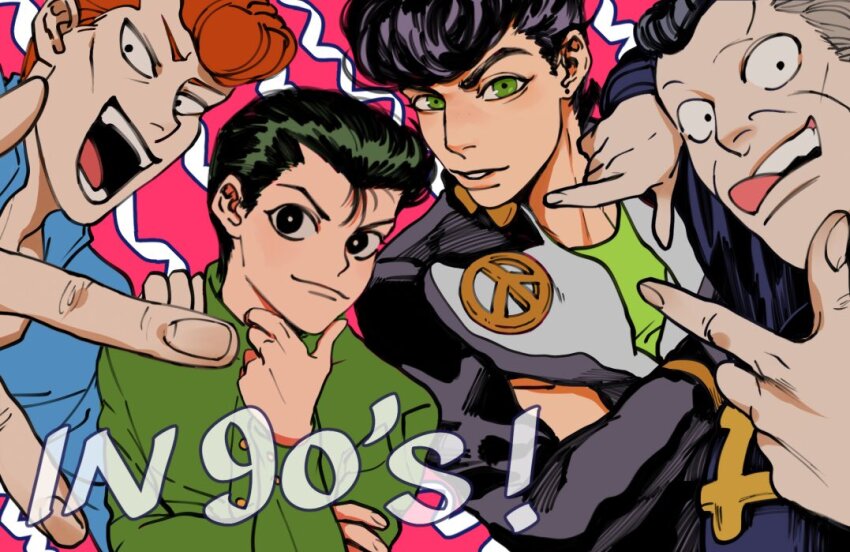 4boys :d :q black_eyes black_hair black_jacket blue_shirt commentary crossed_arms crossover diamond_wa_kudakenai english_text finger_frame green_eyes green_jacket green_shirt hand_on_own_chin higashikata_josuke jacket jojo_no_kimyou_na_bouken kilva_lollop kuwabara_kazuma look-alike looking_at_viewer male_focus multiple_boys nijimura_okuyasu open_mouth orange_hair parted_lips peace_symbol pink_background pompadour sanpaku sarayashiki_junior_high_school_uniform school_uniform shirt short_hair simple_background smile symbol-only_commentary tongue tongue_out undershirt upper_body urameshi_yusuke yuu_yuu_hakusho