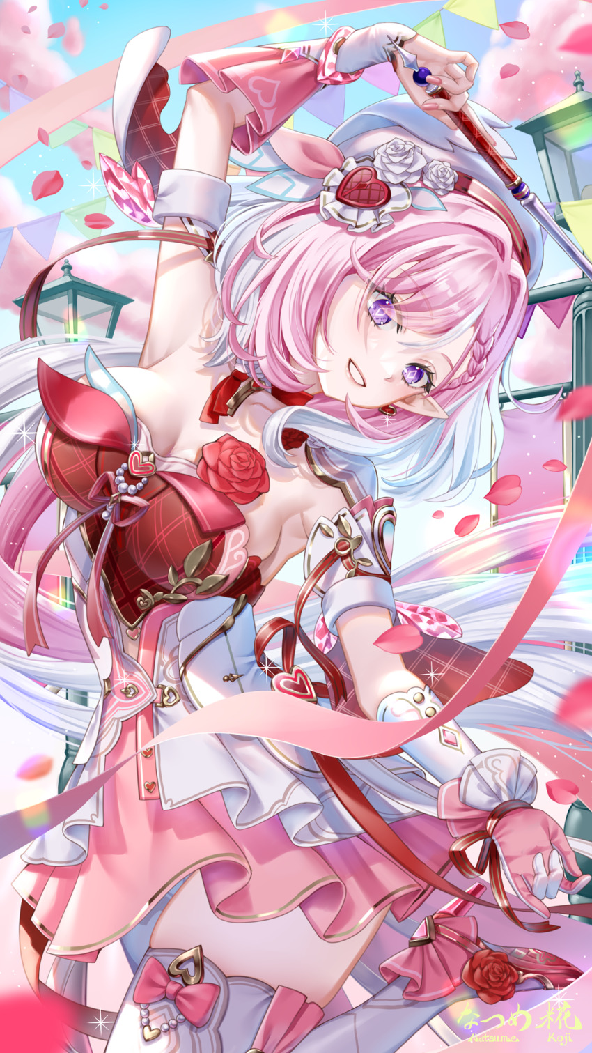 1girl arm_up artist_logo artist_name beret breasts cleavage commentary_request diamond-shaped_pupils diamond_(shape) dress earrings elysia_(hi_love_elf)_(honkai_impact) elysia_(honkai_impact) fingernails gloves hair_ornament hat heart heart_earrings heart_hair_ornament high_heels highres holding holding_wand honkai_(series) honkai_impact_3rd jewelry large_breasts logo long_hair looking_down multicolored_hair natsume_koji parted_lips pink_dress pink_hair pink_shoes pointy_ears purple_eyes shoes single_glove smile solo symbol-shaped_pupils thighs two-tone_hair very_long_hair wand white_gloves white_hair white_hat