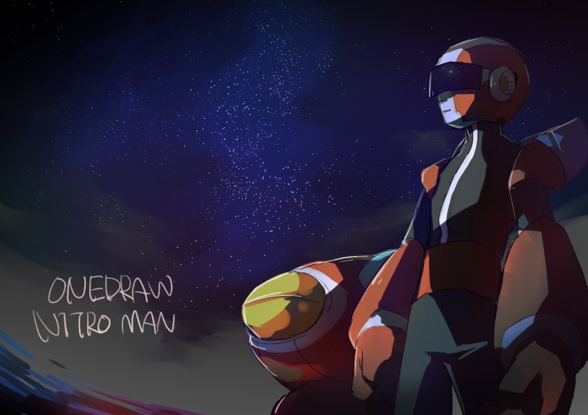 1boy armor belt black_bodysuit bodysuit character_name chikichi closed_mouth cowboy_shot english_text gloves helmet highres jpeg_artifacts male_focus mega_man_(classic) mega_man_(series) mega_man_10 motor_vehicle motorcycle night night_sky nitro_man one-hour_drawing_challenge red_gloves red_headwear shoulder_armor sketch sky solo standing star_(sky) starry_sky vambraces visor