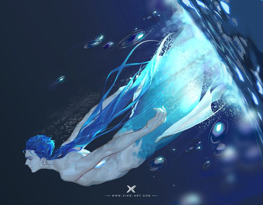 1boy air_bubble artist_name blue_eyes blue_hair blue_tail blue_theme bubble check_copyright chinese_commentary closed_mouth commentary_request copyright_request dated_commentary diving earrings expressionless fins fish_tail floating_earrings full_body jewelry long_hair looking_ahead low_ponytail merman monster_boy original ponytail solo starlab tail thick_eyebrows toned toned_male topless_male underwater very_long_hair watermark