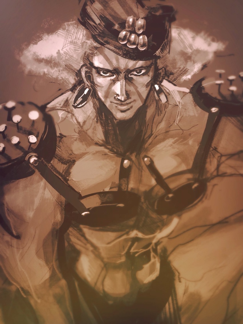 1boy armor bad_id bad_pixiv_id battle_tendency breastplate chocoblood curly_hair earrings esidisi facial_mark hat highres jewelry jojo_no_kimyou_na_bouken male_focus nose_piercing nose_ring piercing pincushion sepia shoulder_pads solo suspenders tattoo