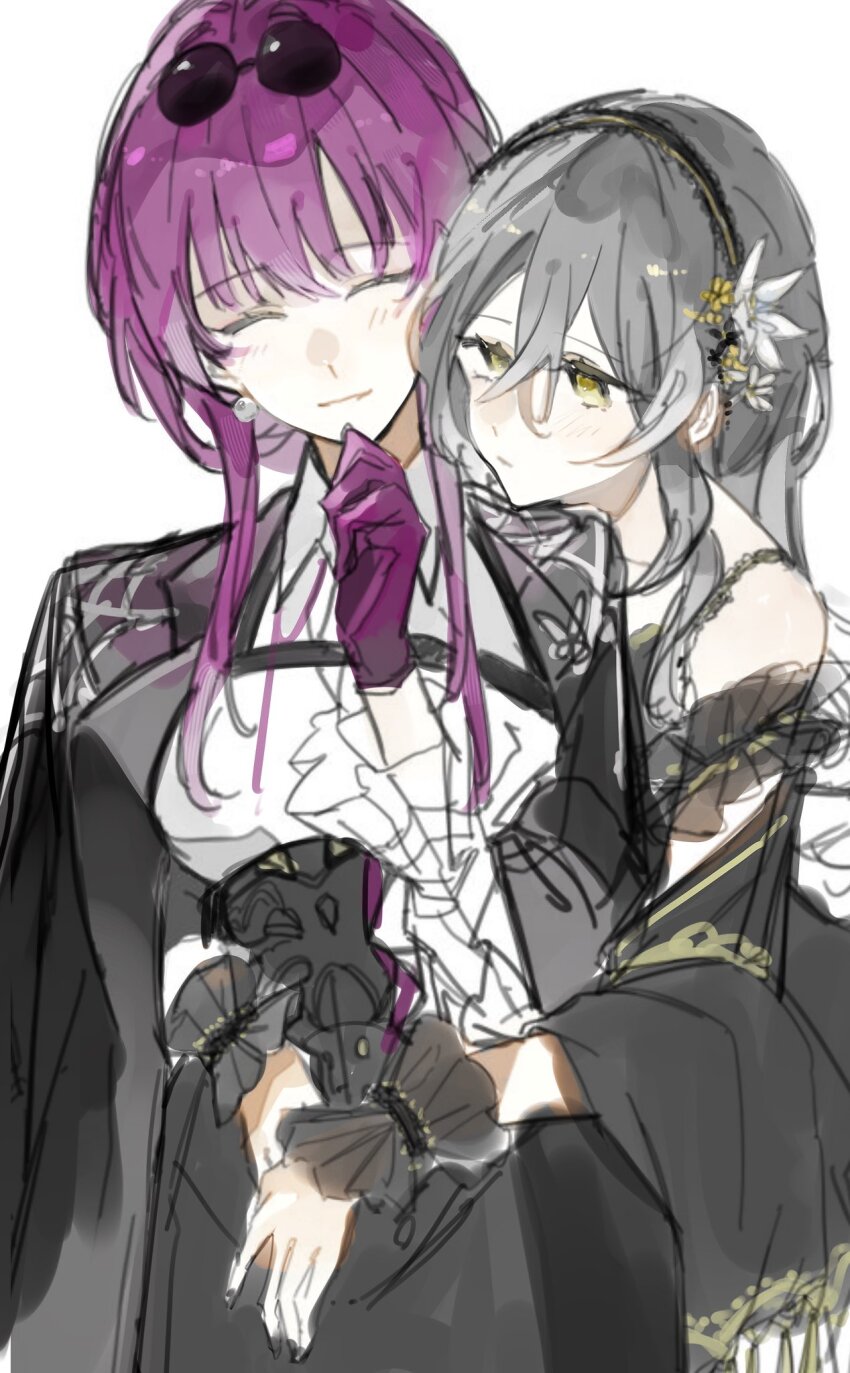 2girls black_coat black_dress black_skirt closed_eyes closed_mouth coat coat_on_shoulders collared_shirt commentary dress eyewear_on_head flower gloves grey_hair hair_flower hair_ornament hairband hashtag-only_commentary highres honkai:_star_rail honkai_(series) hug hug_from_behind kafka_(honkai:_star_rail) long_hair long_sleeves multiple_girls purple_gloves purple_hair shirt simple_background skirt smile stelle_(honkai:_star_rail) sunglasses trailblazer_(honkai:_star_rail) tugu_pi white_background white_flower white_shirt wrist_cuffs yellow_eyes yuri
