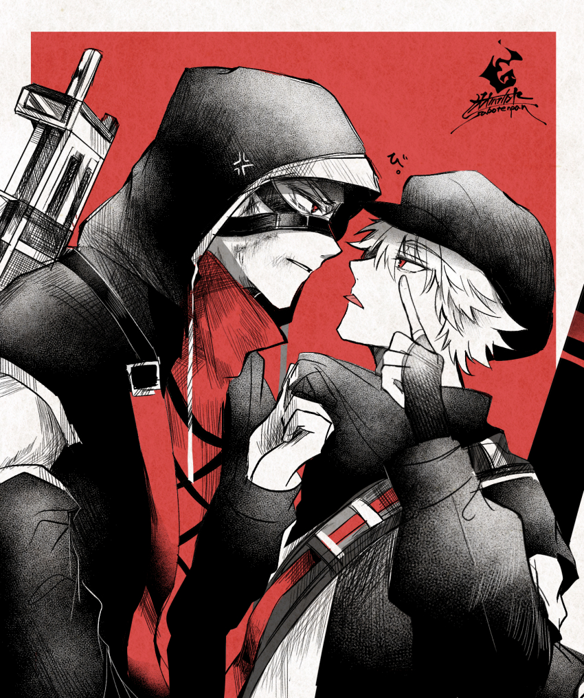 2boys anger_vein arknights black_gloves black_headwear black_jacket newsboy_cap eye_contact fingerless_gloves gloves grey_background hair_between_eyes hat hateful_avenger_(arknights) highres jacket long_sleeves looking_at_another monochrome multiple_boys oonohara_kenya open_clothes open_jacket profile puffy_long_sleeves puffy_sleeves red_(npc)_(arknights) red_background red_eyes red_shirt shirt signature tongue tongue_out two-tone_background upper_body white_shirt