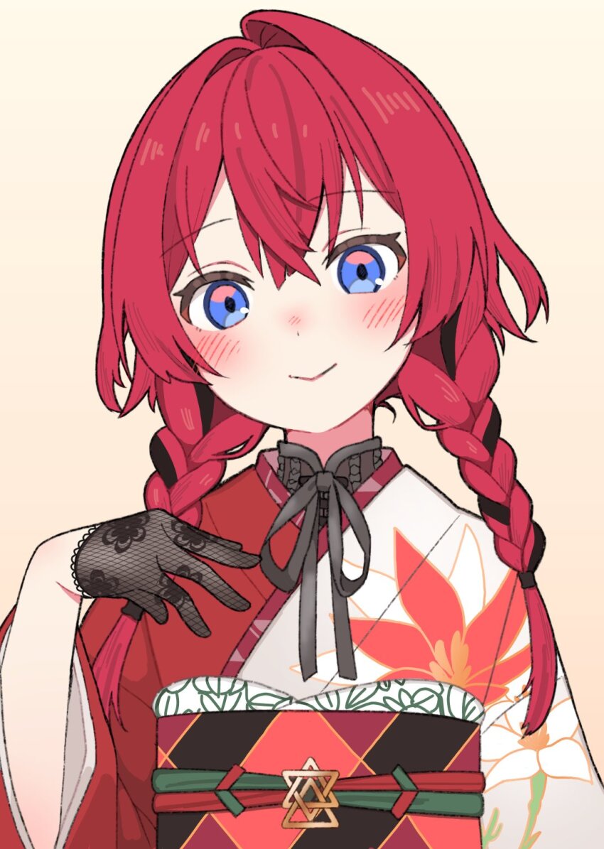 1girl ange_katrina ange_katrina_(new_year) black_gloves black_hair black_sash blue_eyes blush braid closed_mouth commentary_request flat_chest floral_print floral_print_gloves floral_print_kimono gloves hair_intakes hair_over_shoulder half_gloves hand_up head_tilt highres japanese_clothes kimono lace lace_gloves long_bangs long_sleeves looking_at_viewer low_twin_braids multicolored_hair multicolored_sash nijisanji nose_blush obi obiage obijime orange_sash print_kimono purple_sash red_hair red_kimono sash simple_background smile solo straight-on streaked_hair twin_braids two-tone_hair upper_body virtual_youtuber white_kimono yellow_background yuzuki_(yuduame)