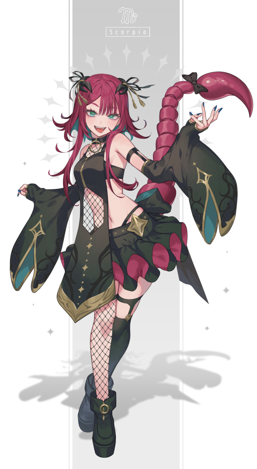 1girl :p ankle_boots apron aqua_hair arthropod_girl asymmetrical_legwear back_bow bandeau black_apron black_bandeau black_boots black_bow black_gloves black_ribbon black_skirt black_sleeves black_thighhighs blue_nails boots border bow bright_pupils choppy_bangs claw_hair_clip colored_inner_hair crossed_legs detached_sleeves fang fingerless_gloves fishnet_thighhighs fishnets frilled_skirt frills full_body gloved_sleeves gloves green_eyes grey_background hair_ornament hair_ribbon hand_up highres legwear_garter looking_at_viewer midriff multicolored_hair nail_polish original pillarboxed pink_hair platform_boots platform_footwear ribbon scorpio_(symbol) scorpio_(zodiac) scorpion_girl scorpion_tail shadow short_hair_with_long_locks skirt solo standing tail tail_bow tail_ornament taranboman tassel tassel_hair_ornament thighhighs tongue tongue_out watson_cross white_border white_pupils wide_sleeves zodiac