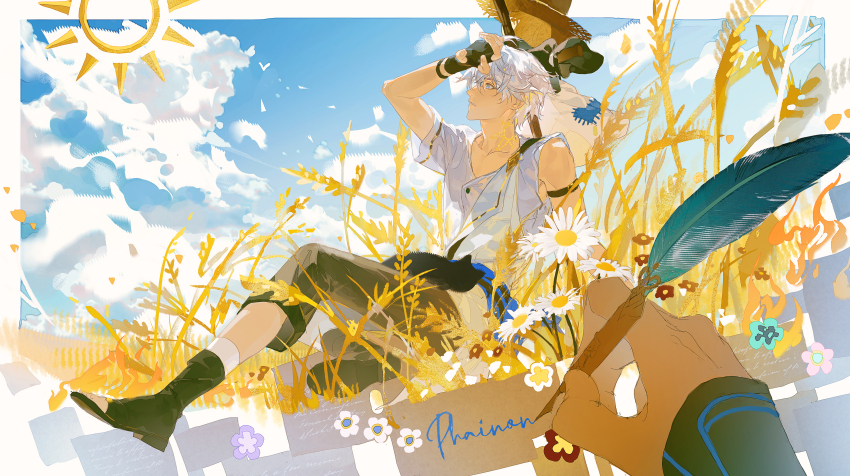 1boy absurdres ankle_boots antenna_hair arm_belt asymmetrical_sleeves black_gloves blue_eyes blue_sky boots brown_pants character_name chinese_commentary commentary_request fingerless_gloves gloves hadanugi_dousa highres honkai:_star_rail honkai_(series) kizumi male_focus neck_tattoo open_kimono pants phainon_(a_dream_scented_in_wheat)_(honkai:_star_rail) phainon_(honkai:_star_rail) scarecrow shirt short_hair short_sleeves sky sleeveless sleeveless_shirt solo sun_symbol sun_tattoo tan tattoo wheat_field white_hair white_shirt