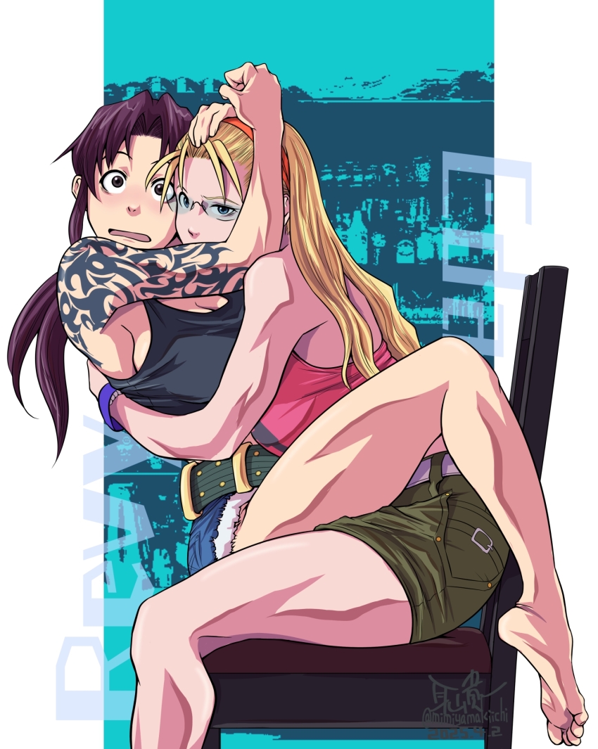 2girls artist_name bare_shoulders barefoot belt black_lagoon blonde_hair blue_eyes breasts brown_eyes brown_hair caught chair cleavage crop_top denim denim_shorts eda_(black_lagoon) fur-trimmed_shorts fur_trim glasses hairband highres hug large_breasts long_hair mimiyama_kiichi multiple_girls ponytail revy_(black_lagoon) short_shorts shorts shoulder_tattoo straddling sunglasses surprised tank_top tattoo tribal_tattoo yuri