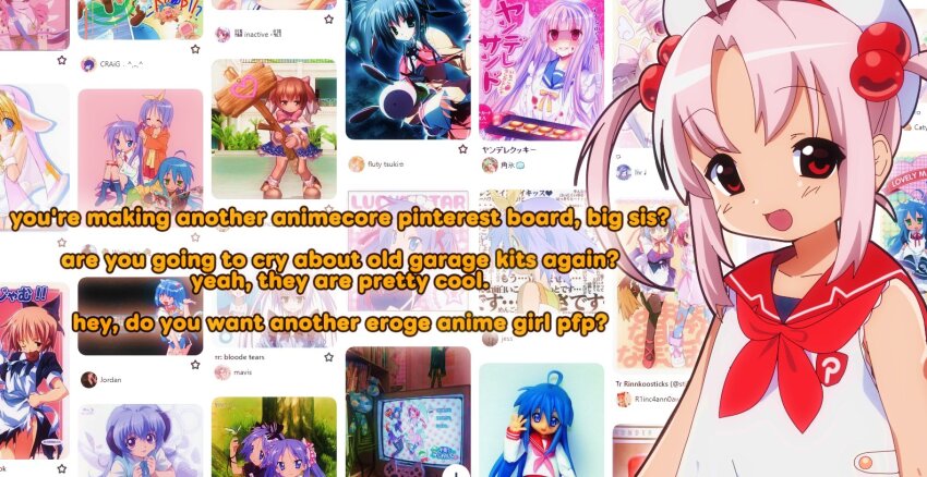 1girl 2000s_(style) bk_(barakoodra) blush child fang hair_bobbles hair_ornament large_forehead open_mouth parted_bangs personification pink_hair pinterest pinterest-chan_(barakoodra) red_eyes red_sailor_collar sailor_collar shirt short_twintails sleeveless sleeveless_shirt twintails